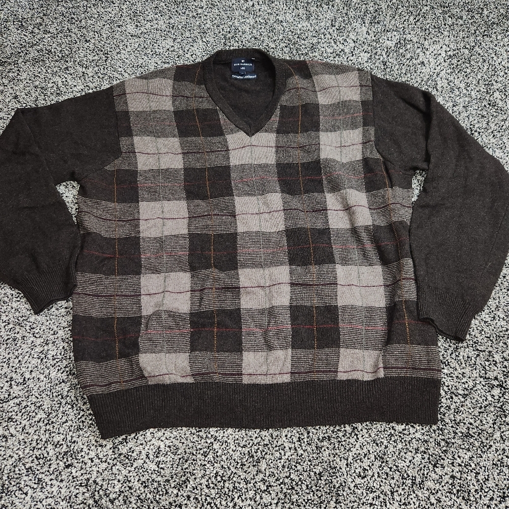 Mark's & Spencer Blue Harbour Extrafine Lambswool,Brown Plaid V Neck Sweater  XL